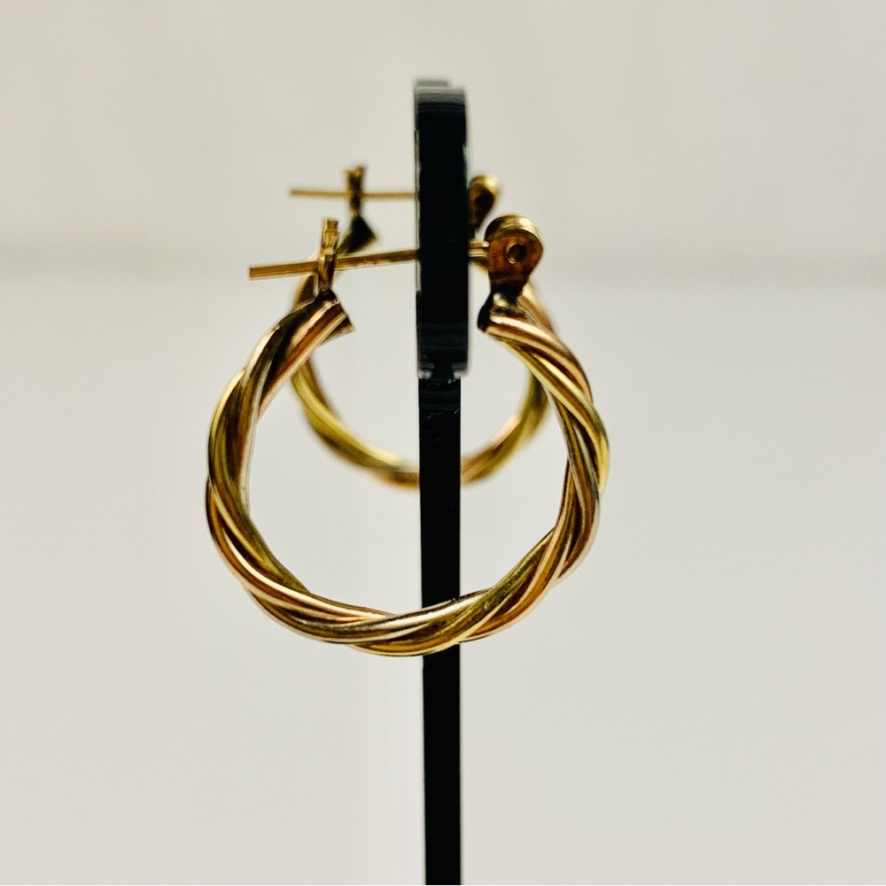 14K Tri-Color Small Twisted Hoop Earrings - Picture 6 of 12